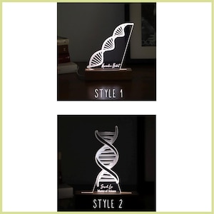 3D illusion lamp featuring a detailed DNA double helix design, illuminated in a white tone, personalized with a name, perfect as a unique and thoughtful gift for geneticists, scientists, or medical professionals specializing in human genome research