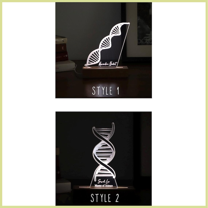 3D illusion lamp featuring a detailed DNA double helix design, illuminated in a white tone, personalized with a name, perfect as a unique and thoughtful gift for geneticists, scientists, or medical professionals specializing in human genome research