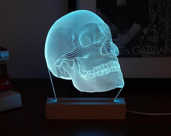 Anatomical Skull LED Lamp: Beechwood Base, Medical Gift