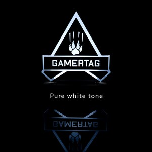 May include: A white illuminated sign with a triangular shape and a paw print inside. The sign says "GAMERTAG" in white letters.