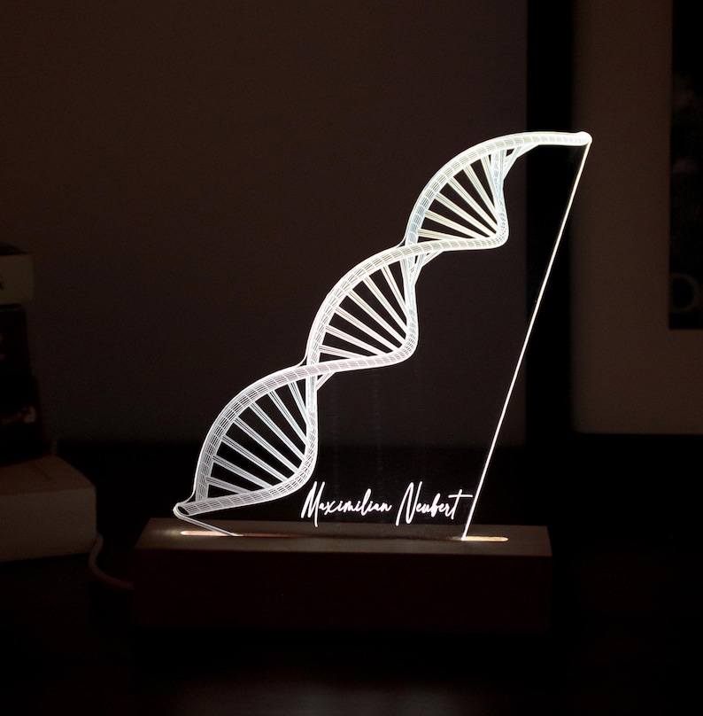 3D illusion lamp featuring a detailed DNA double helix design, illuminated in a white tone, personalized with a name, perfect as a unique and thoughtful gift for geneticists, scientists, or medical professionals specializing in human genome research