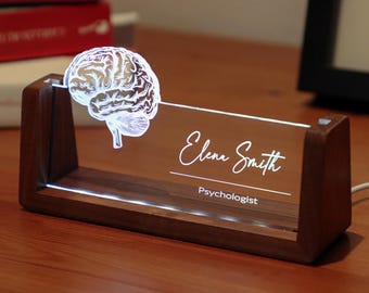 Targa LED da scrivania personalizzata con nome da psicologo - Base in faggio