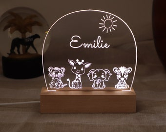 Luce notturna personalizzata per Baby Safari, decorazione per la camera dei bambini, decorazione per l'asilo nido, regali per la doccia per bambini 1° compleanno, regalo di Natale
