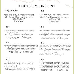 Puede incluir: Un gr&aacute;fico que muestra ocho estilos de fuente diferentes para la personalizaci&oacute;n. Los estilos de fuente est&aacute;n numerados del 1 al 8. Cada estilo de fuente muestra el alfabeto en may&uacute;sculas y min&uacute;sculas, los n&uacute;meros del 0 al 9 y la frase "Te amo".