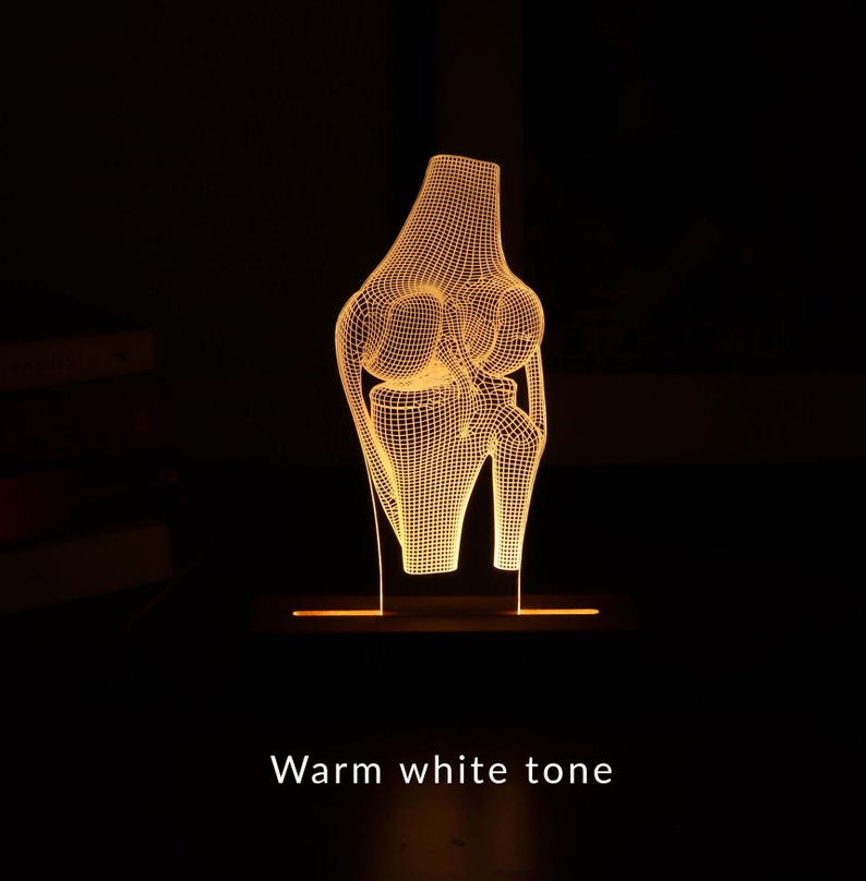 3D illusion lamp featuring a detailed human knee joint anatomy design, illuminated in a white tone, perfect as a unique and thoughtful gift for orthopedic specialists, physiotherapists, or medical professionals focusing on joint health.