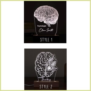 Personalized 3D illusion lamp featuring a detailed brain anatomy design, illuminated in a white tone,  perfect as a unique gift for mental health professionals.