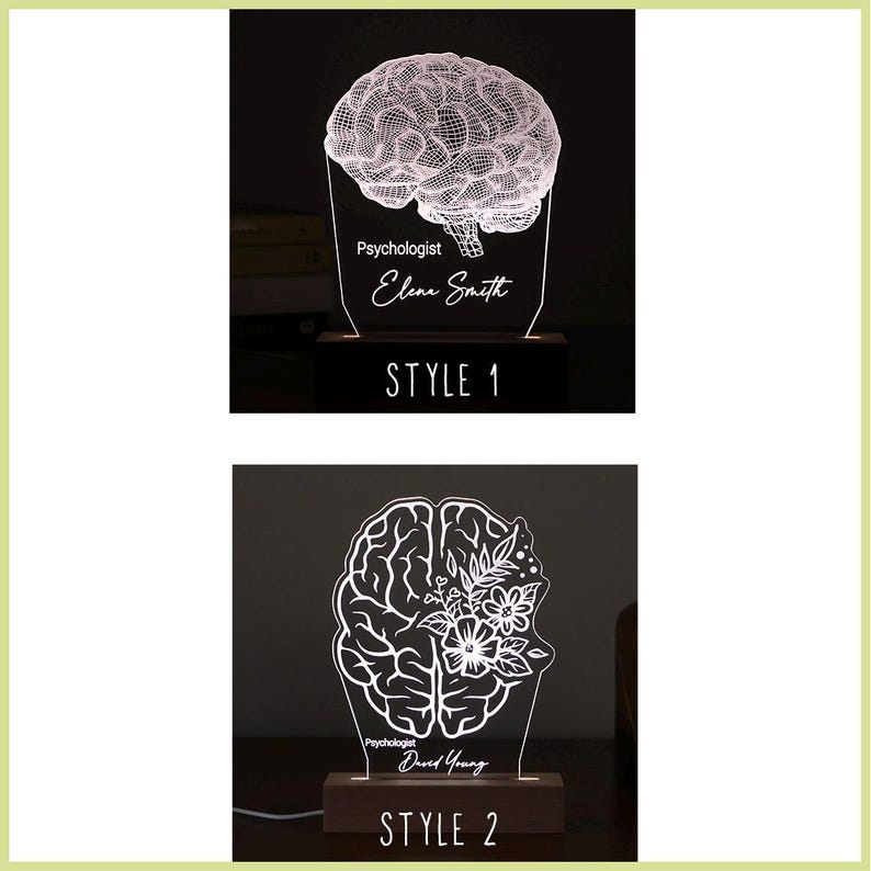 Personalized 3D illusion lamp featuring a detailed brain anatomy design, illuminated in a white tone,  perfect as a unique gift for mental health professionals.