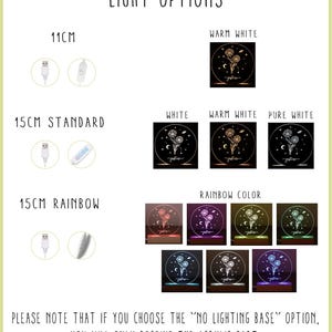 Peut inclure: Options d'&eacute;clairage pour une veilleuse au design pissenlit. La lumi&egrave;re est disponible en tailles 11 cm et 15 cm. La taille 15 cm est disponible en blanc standard, blanc chaud, blanc pur et arc-en-ciel. L'image montre les diff&eacute;rentes options d'&eacute;clairage ainsi que le c&acirc;ble USB et la t&eacute;l&eacute;commande inclus.