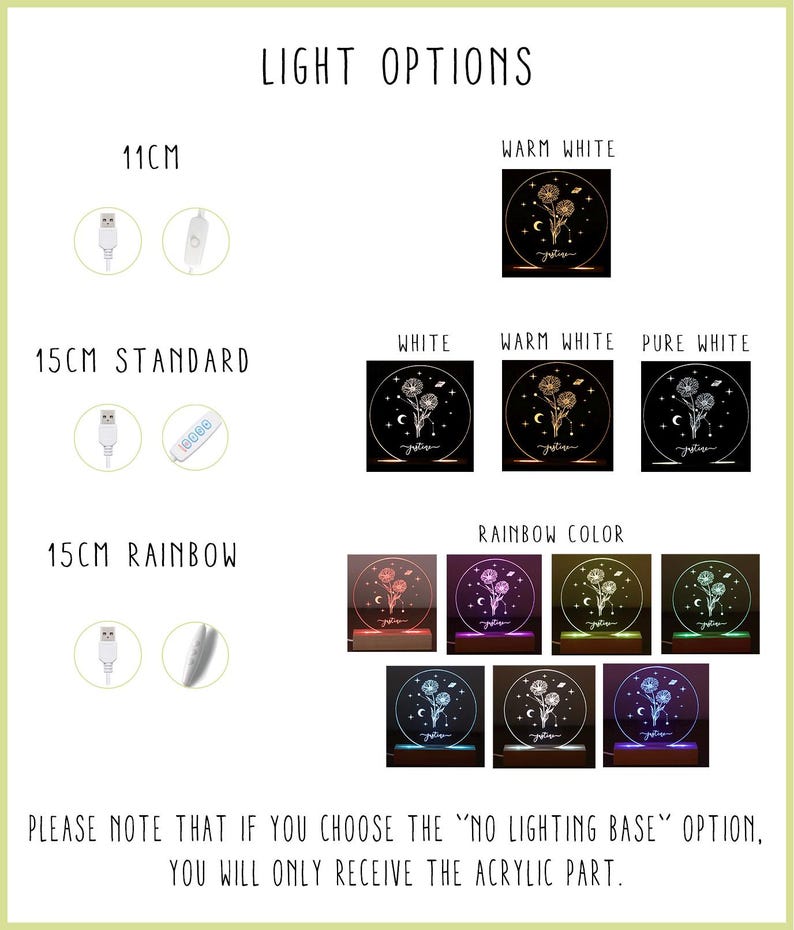 Peut inclure: Options d'&eacute;clairage pour une veilleuse au design pissenlit. La lumi&egrave;re est disponible en tailles 11 cm et 15 cm. La taille 15 cm est disponible en blanc standard, blanc chaud, blanc pur et arc-en-ciel. L'image montre les diff&eacute;rentes options d'&eacute;clairage ainsi que le c&acirc;ble USB et la t&eacute;l&eacute;commande inclus.