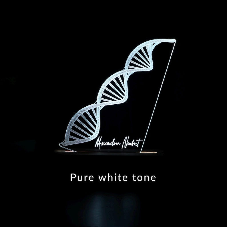 3D illusion lamp featuring a detailed DNA double helix design, illuminated in a white tone, personalized with a name, perfect as a unique and thoughtful gift for geneticists, scientists, or medical professionals specializing in human genome research