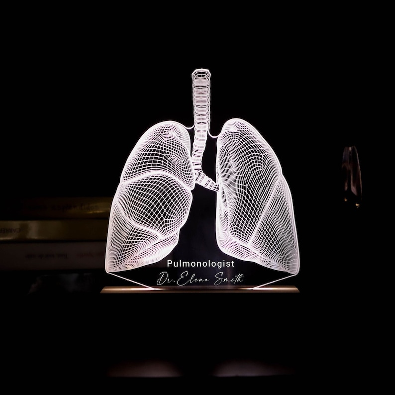 3D illusion lamp featuring a detailed lungs anatomy design, illuminated in a white tone, perfect as a unique gift for pulmonologists or medical professionals specializing in respiratory health.