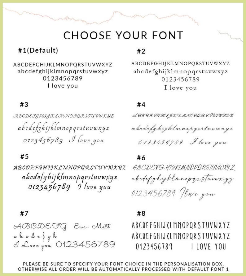 Peut inclure: Un graphique pr&eacute;sentant huit styles de police diff&eacute;rents pour la personnalisation. Les polices sont affich&eacute;es avec l'alphabet, les chiffres et la phrase "Je t'aime". Le texte "Choisissez votre police" est en haut du graphique.