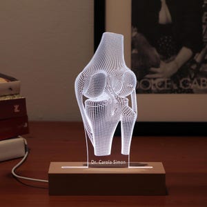 3D illusion lamp featuring a detailed human knee joint anatomy design, illuminated in a white tone, perfect as a unique and thoughtful gift for orthopedic specialists, physiotherapists, or medical professionals focusing on joint health.