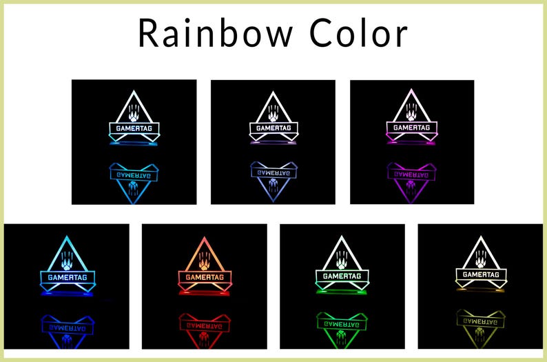 May include: A white triangle with the text "GAMERTAG" inside, with a paw print above the text. The triangle is illuminated with different colors, including red, blue, green, purple, and yellow. The text "DYWEBIVO" is below the triangle.