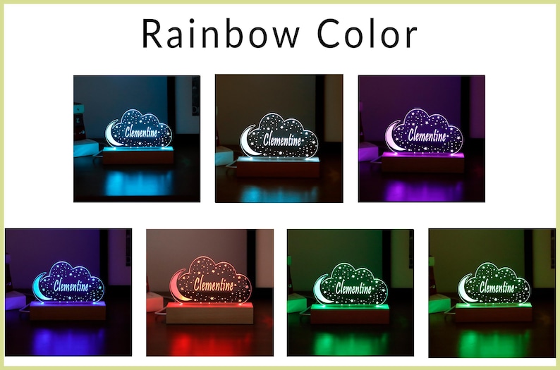 Puede incluir: Una luz nocturna en forma de nube con el nombre "Clementine" inscrito en ella. La luz se muestra en varios colores, incluidos azul, morado, rojo, verde y turquesa.