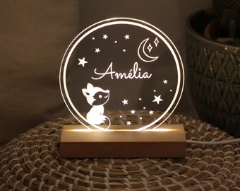 Luz de noche de zorro personalizada: decoración infantil de madera de haya con luna y estrellas