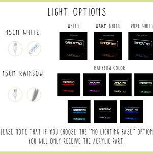 May include: A guide to light options for a 15cm Gamertag sign. The sign is available in white, warm white, pure white, and rainbow colors. The sign is powered by a USB cable. The sign is available in two sizes: 15cm and 30cm. The sign is made of acrylic and has a clear, textured surface.