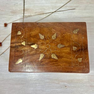 Vintage Wood Box with Brass Inlay, Handcrafted in India