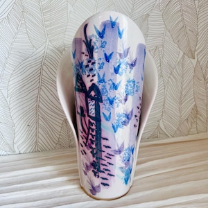 Vintage Handpainted Studio Art Pottery Vase, 12 Inch Tall Wrapped Wing Ceramic Vase, Mauve Lavender and Blue Abstract Landscape Cottagecore