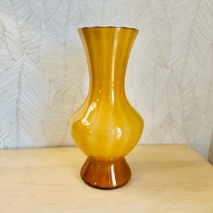 Vintage Mid Century Modern Large Orange Amber Glass Vase Hand Blown Art Glass 14” Glass Vase, Home Decor