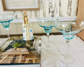 Vintage Aqua Margarita Glasses, Set of 3