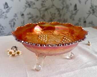 Vintage Marigold Carnival Glass Footed Bowl, Grape Pattern Iridescent Serving Dish