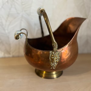 Antique Copper and Brass Coal Scuttle/Planter with Delft Floral Handles, Holland