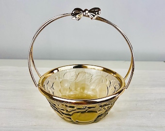 Vintage Italian Amber Glass Basket with Bow Handle | Made in Italy Candy Dish | Cottagecore Decor
