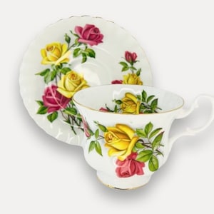 ROYAL ALBERT Bone China Teacup and Saucer, Pink and Yellow Roses, Made in England, Tea Cup and Saucer Set, Gift for Mother’s Day