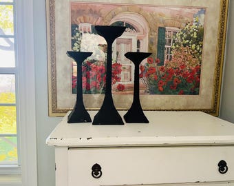 Black Metal Hand Forged Pillar Candle Holders, Set of 3