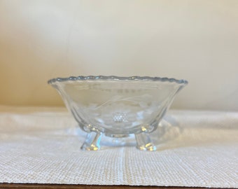 1940s WJ Hughes Cornflower 3-Footed Bowl, Etched Cornflower Bowl, Cornflower Cut Glass Bowl