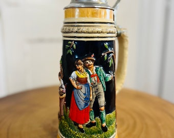 Vintage Western German Beer Stein, Glazed Stoneware with Traditional Men and Women Outdoor Scene with Pewter Lid, Gift for Him ** Reduced**