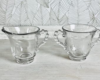 Vintage WJ Hughes Cornflower Creamer Sugar Bowl Set, Imperial Glass Canada, Etched Glass Cream Pitcher, Candlewick Handles, Mid Century