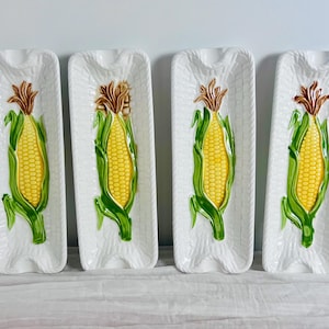 Vintage keramische maïskolfschalen set van 4, retro majolica maïsboot serveerschalen, MCM zomer barbecue servies gemaakt in Japan