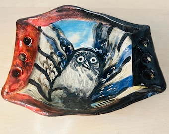Handmade Owl Dish Pottery Trinket Bowl Rustic Folk Art Owl Decor Cabin Woodland Decor