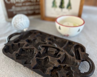 Vintage John Wright Cast Iron Christmas Cookie Pan, Holiday Baking Pan