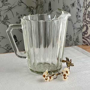 Vintage Pressed Glass Pitcher Jug, Ribbed Glass Water Pitcher, Farmhouse Glass Carafe, Cottagecore Kitchen Decor, Scalloped Rim Jug