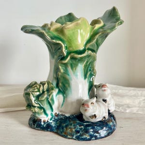Vintage Cabbage and Pig Ceramic Vase - Whimsical Cottagecore Majolica Style Planter, 90s Kitsch Novelty Decor, Flawless Condition