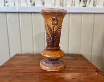 Jarrón de pedestal de madera tallado a mano vintage