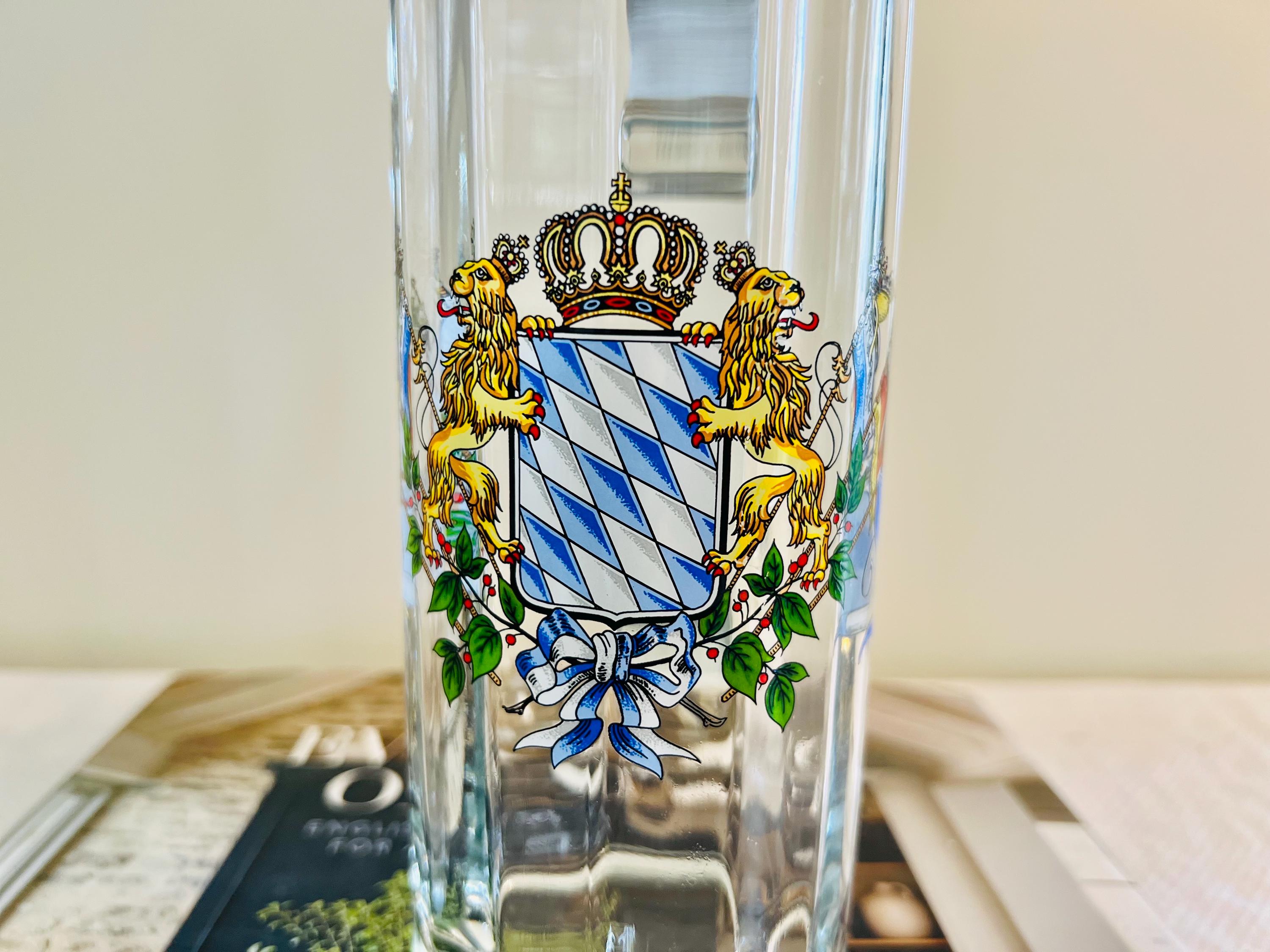 ドイツバイエルン紋章のビールジョッキ ヴィンテージ ドイツ バイエルン国章 ガラス製ビールジョッキ 蓋付き