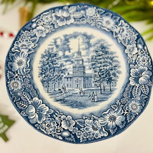 Liberty Blue Dinner Plate, Independence Hall, Staffordshire Ironstone, England Dinnerware
