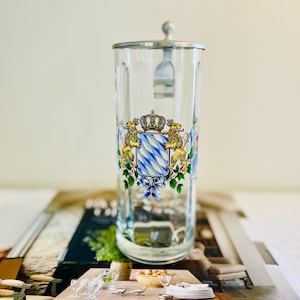 Vintage German Bayern Coat of Arms Glass Beer Stein with Lid