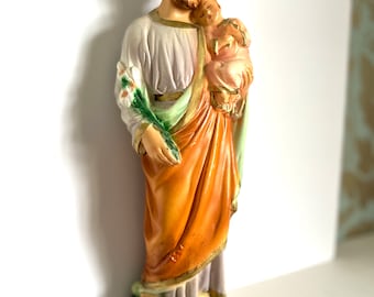 Vintage Saint Joseph Statue Holding Baby Jesus, Chalkware Statue, Religious Statue