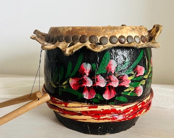 Vintage Chinese Lion Dance Drum with Sticks - 9" Hand-Painted Traditional Rawhide Folk Art Drum, Asian Decor, Cultural Musical Instrument