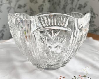 Vintage Cut Glass Serving Bowl, Scalloped Crystal Style, Floral Pressed Pattern, Cottage Decor