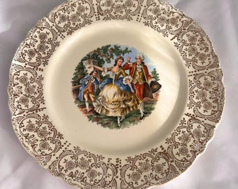 Vintage 22 kt gouden plaat: romantische verkeringscène, geschulpte muurdecoratie in Victoriaanse stijl