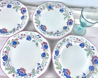 Vintage Churchill Tamarind dinerbordenset van 4, Engelse achthoekige borden met bloemenmotief, uit de niet meer verkrijgbare Chartwell-collectie, Engeland