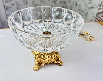 Vintage Crystal Compote Bowl, Ornate Gold Base, Cut Glass Candy Dish
