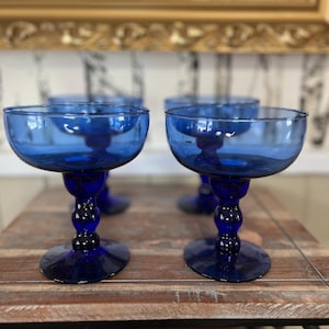 Vintage Cobalt Blue Champagne Coupes / Sherbert Stemmed Glasses, Art Deco Vintage Blue Glasses, Set of 4