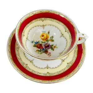 Crown Staffordshire Vintage Gold and Red Floral Teacup and Saucer Set, Made in England, Tea Cup Set, Gifts